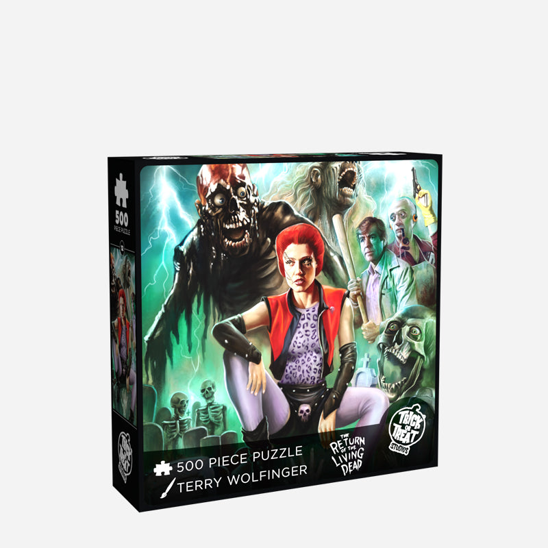Product packaging front. Illustration, red, green, black and white scene. Red haired woman sitting on a gravestone in the foreground, hand reaching out of a grave in front of her, skeletons, zombies and movie characters in the background. White text reads 500 piece puzzle, Terry Wolfinger, The Return of the Living Dead. White Trick or Treat Studios logo. 