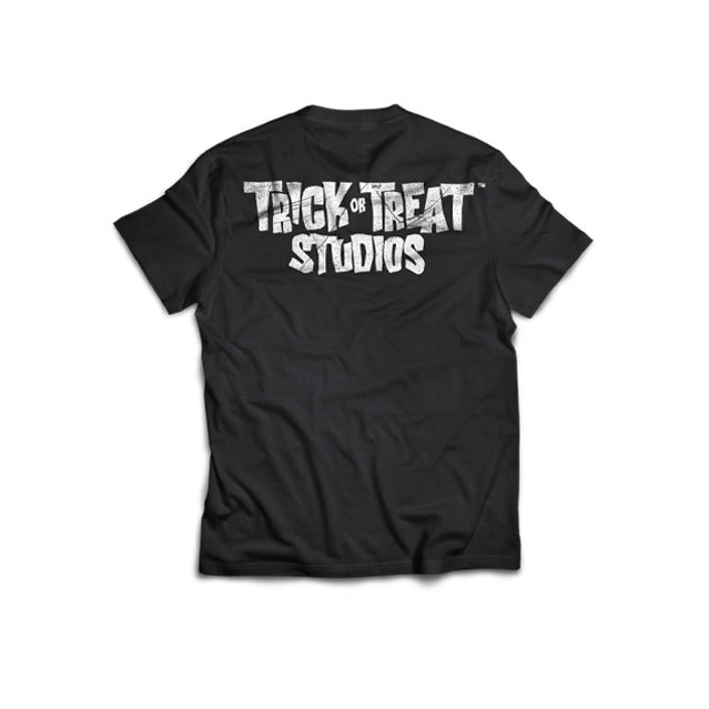 Black T-shirt, back view.  white text reads Trick or Treat Studios.