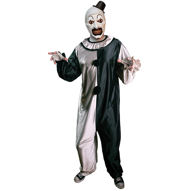 Terrifier costume. Evil grinning clown face with tiny black top hat, black and silvery white, jumpsuit, ruffle at neck, fingerless white gloves.