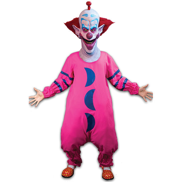 Person wearing Killer Klowns, Slim costume.  Clown jumpsuit, pink with blue stripes on sleeves, 3 blue crescent moons down the front.