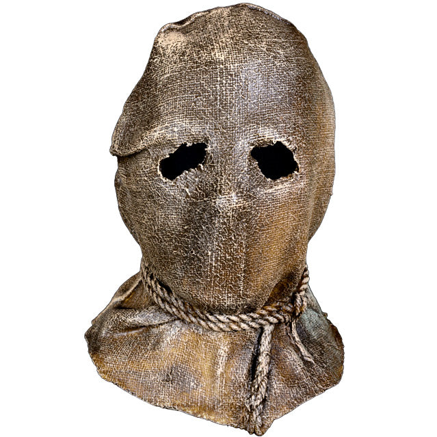 Mask, head and neck. Sculpted, Scarecrow-like head, brown burlap sack, eyeholes cut out, rope tied at neck.