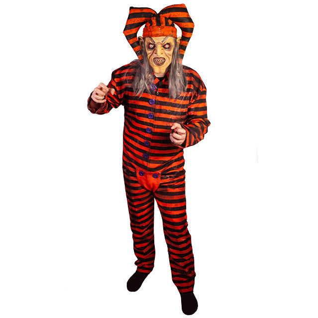 Person wearing Trickster costume.  Orange and black striped coveralls, blue buttons down the front, orange codpiece attached with 2 blue buttons.  Wearing the evil trickster mask sold separately.