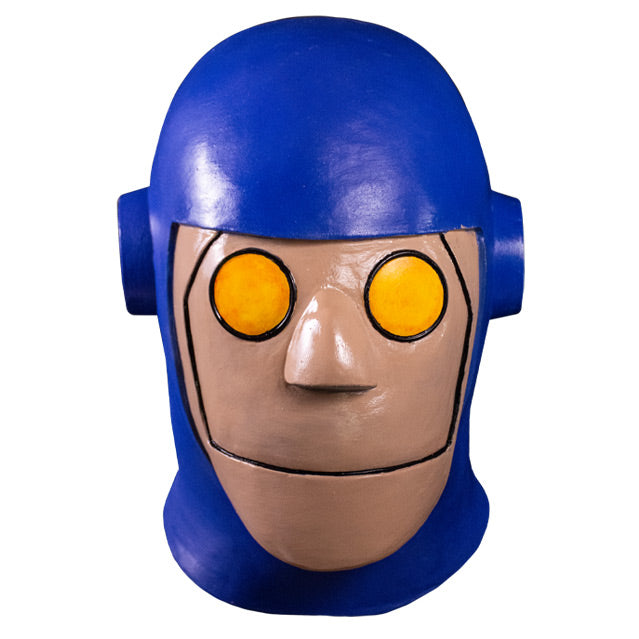 Mask, front view.  Blue Robot head, flesh-toned face, yellow circular eyes.