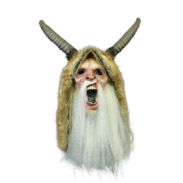 Mask, front view.  Krampus face, black eyes, wide open mouth, showing teeth, long white beard.  Large horns on top of head, wearing light brown, fur hood