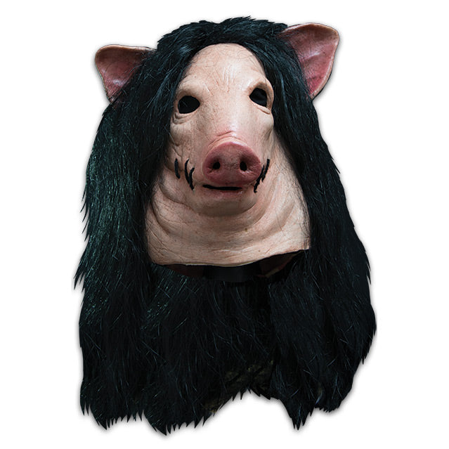 Mask, head and neck.  Pink pig head with sides of mouth stitched shut, wearing long black wig.