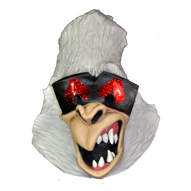 Mask, front view.  Cartoon style white gorilla face, black and red eye mask, gorilla nose and mouth, open showing sharp white teeth and pink gums.