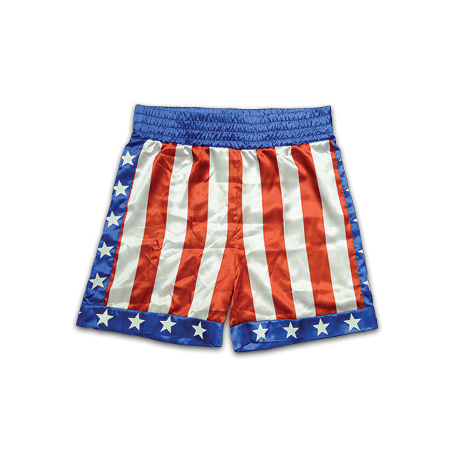 Apollo Creed boxing trunks.  Blue waist band.  Trim down sides and bottom of legs blue with white stars.  Red and white stripes on body of trunks.