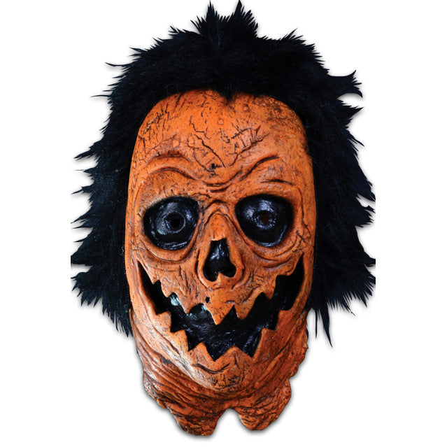 Mask, head and neck, front view. Black hair, orange distressed flesh.  Black eyes, nose and mouth made to resemble a jack o' lantern.