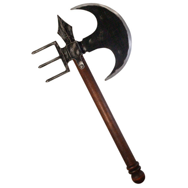 Axe prop, right view.  Large curved axe head, spike at top, three-pronged fork on back. Wood finish handle.