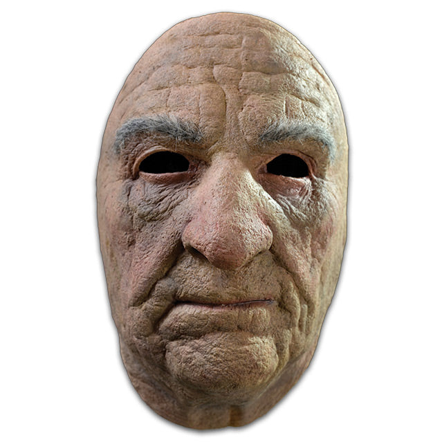 Mask.  Old man face, bushy gray eyebrows, textured skin.