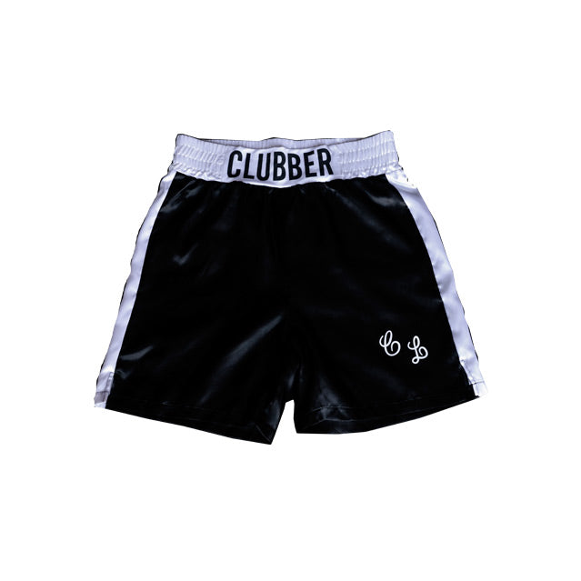 Boxing shorts.  Black with white waistband and white trim on sides.  Black text on waist reads Clubber, white cursive C L on left leg of shorts.
