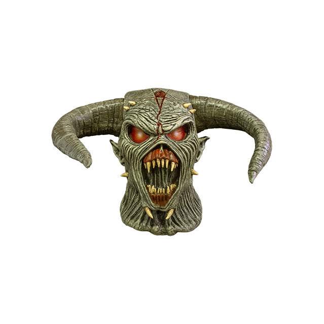 Mask, head and neck, front view.  Iron Maiden Eddie demon.  Red eyes, large curved horns, pointed ears, wide open mouth with large sharp teeth.