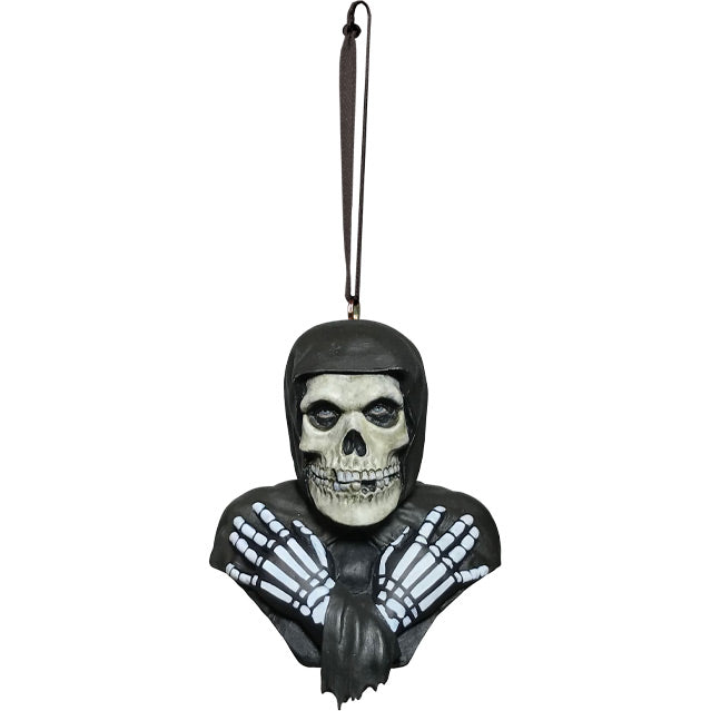 Ornament, front view.  Head, shoulders and upper chest.  Misfits Fiend, skeleton face and hands wearing black hooded cloak.