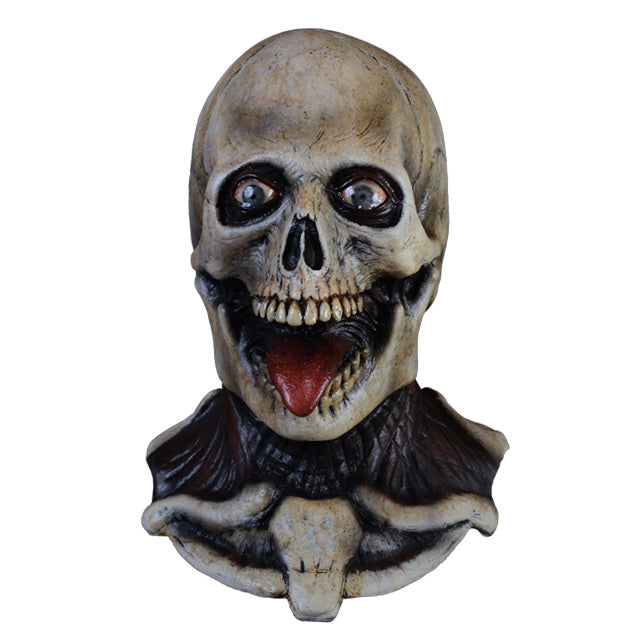 Mask, head neck and collarbones.  Front view. Skull face, black circles around bloodshot blue eyes.  Jaw open showing teeth, red tongue sticking out.  Red-brown muscle tissue for neck. Collar bones and upper ribcage.