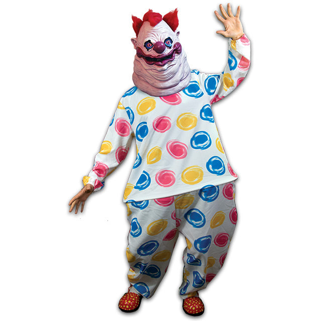 Person wearing Killer Klowns Fatso costume.  Scary clown mask.  White jumpsuit with pink, blue and yellow circles, extra wide at waist.