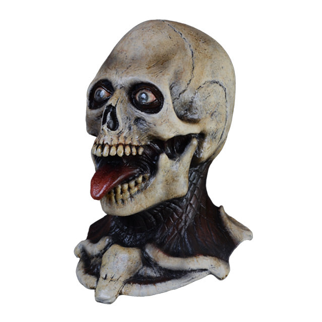 Mask, head neck and collarbones. Left view. Skull face, black circles around bloodshot blue eyes. Jaw open showing teeth, red tongue sticking out. Red-brown muscle tissue for neck. Collar bones and upper ribcage.