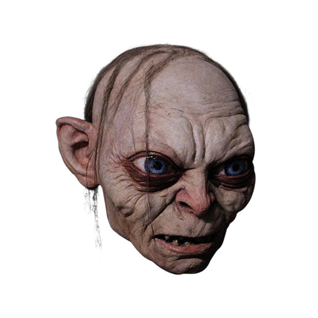 Mask, slight right view. Gollum, wrinkled grimacing face, large bright blue eyes, mouth slightly open, crooked teeth. stringy, sparse brown hair.