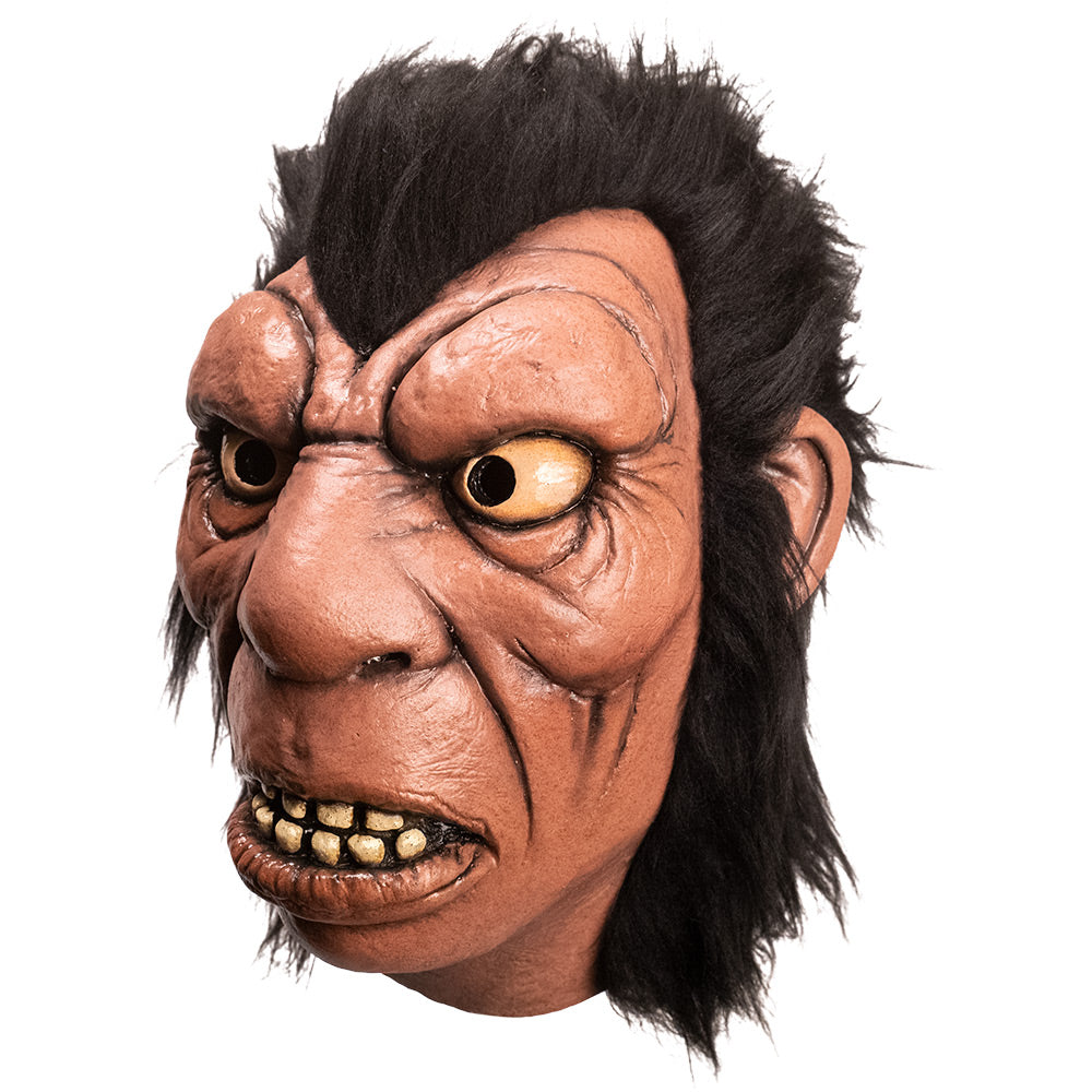 Mask, left side view. Cartoon caveman face. Bushy brown hair, large brow, nose and mouth with large dirty teeth.