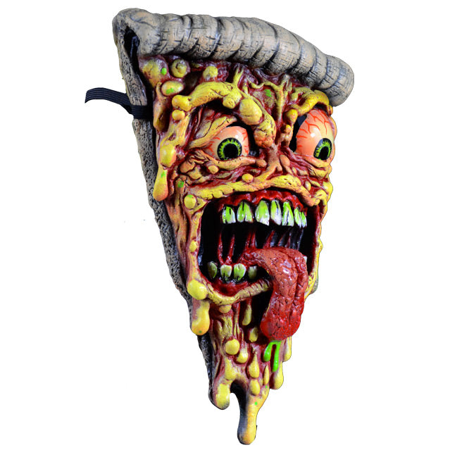 Mask, right side view.  Gross pizza face, bloodshot green bulging eyes, open mouth, green stained cracked teeth, tongue sticking out, bubbly dripping cheese.