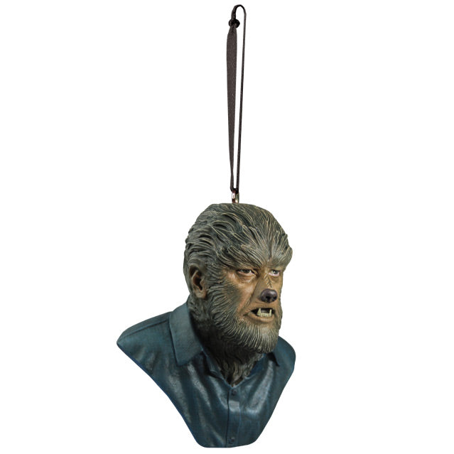 Ornament, right side view. Wolfman bust, head, shoulders and upper chest. Wolfman face covered in brown fur, with canine-like nose and mouth, wearing dark collared shirt.