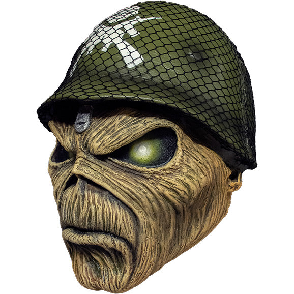 Mask, left side view. Iron Maiden Eddie, green eyes, wearing green military helmet.