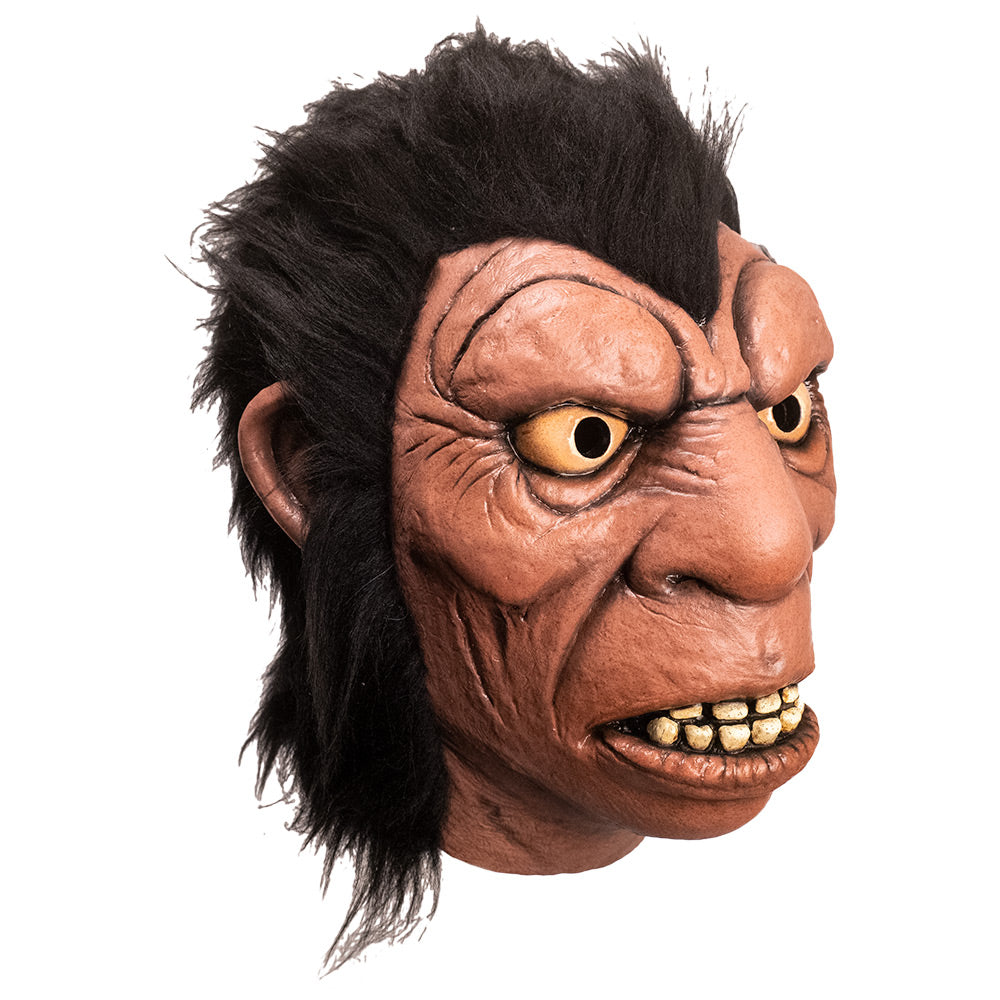 Mask, right side view. Cartoon caveman face. Bushy brown hair, large brow, nose and mouth with large dirty teeth.
