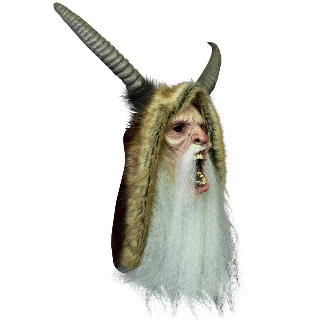 Mask, right side view. Krampus face, black eyes, wide open mouth, showing teeth, long white beard. Large horns on top of head, wearing light brown, fur hood