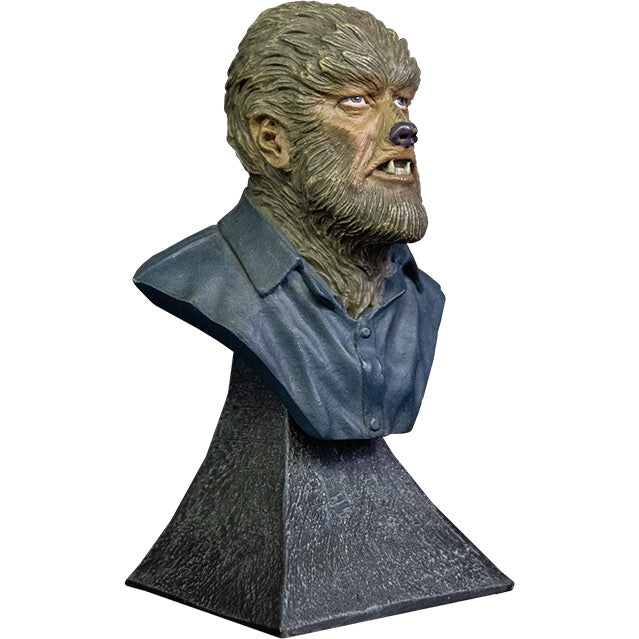 Mini Bust, right view. Wolfman bust, head, shoulders and upper chest. Wolfman face covered in brown fur, with canine-like nose and mouth, wearing dark collared shirt. Set on gray stone textured base.