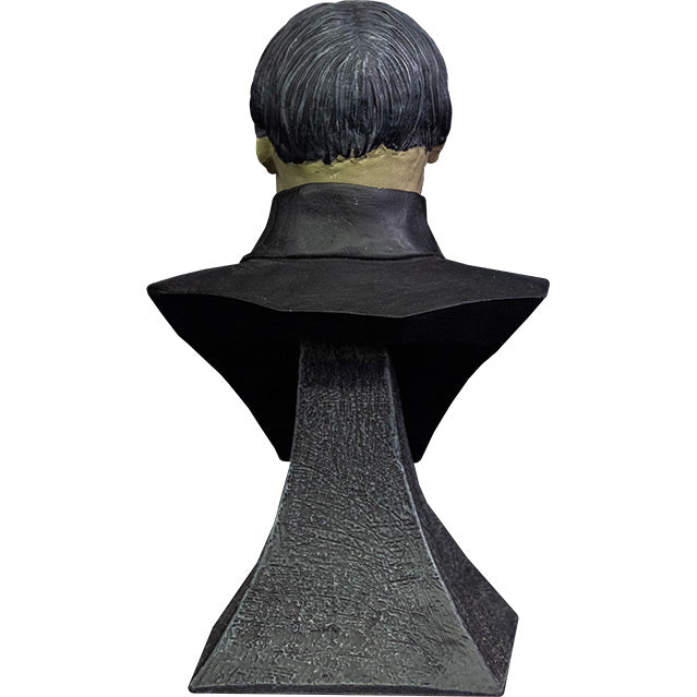 Mini bust. back view. Phantom of the Opera Bust. Head, shoulders and upper chest, black hair, wearing a black opera cape. set on gray stone textured base.