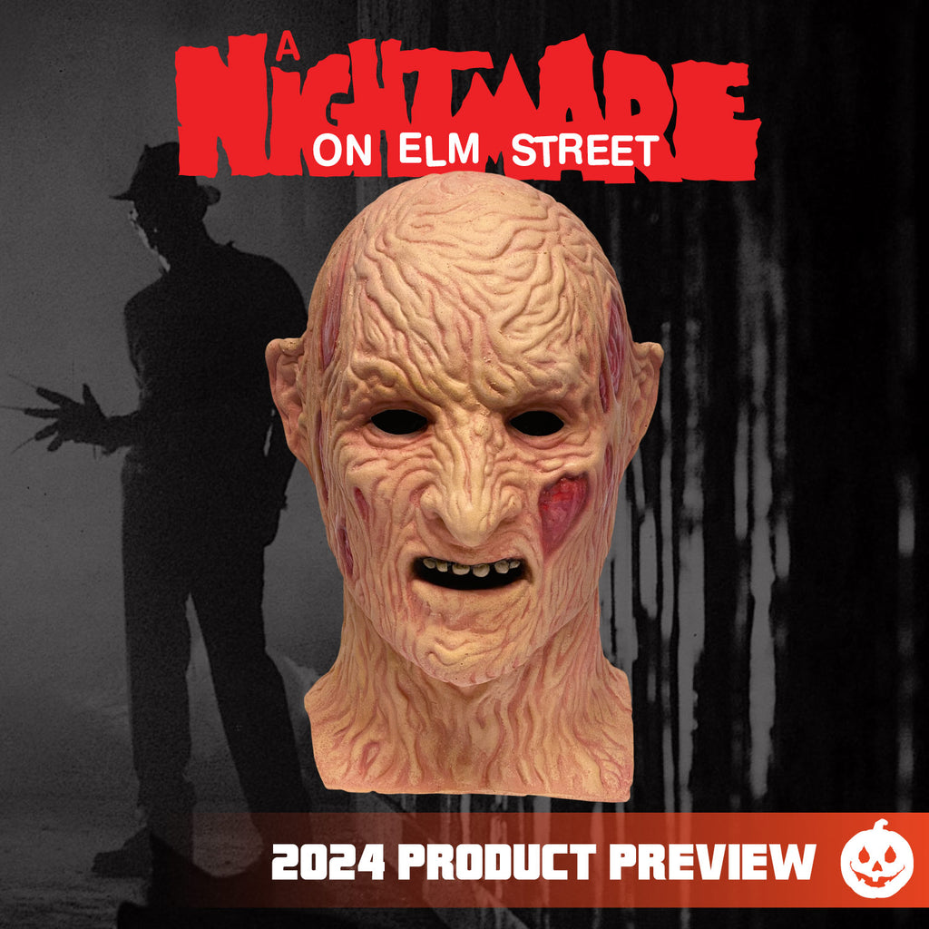 Black and white movie scene background. Freddy Krueger mask, head and neck, burnt skin, wrinkled with sores and scars. Red text reads A Nightmare, white text reads on Elm street.  Orange horizontal banner at bottom, white text reads 2024 product preview, white jack o' lantern.