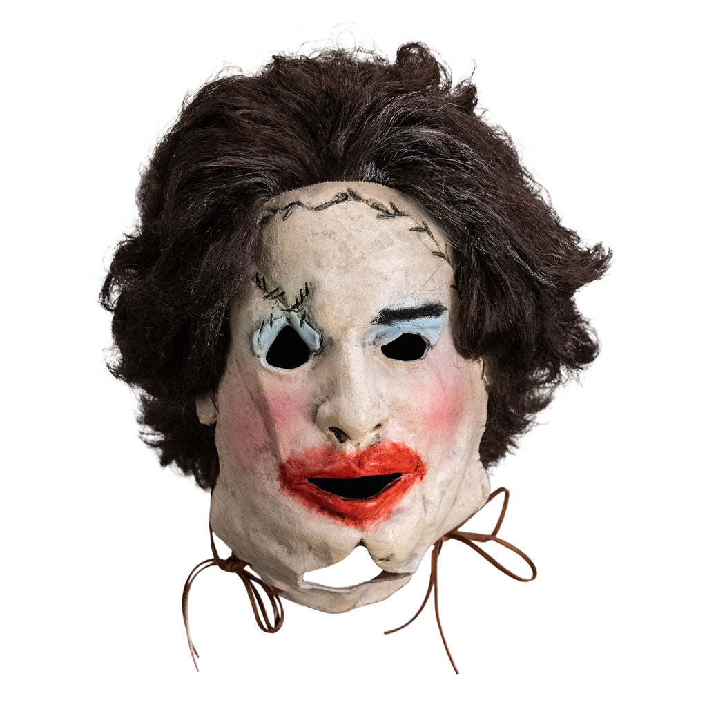Leatherface latex mask with hair and leather thread details, front view