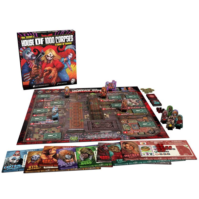 Game box shown in background, game board, cards and game play pieces.