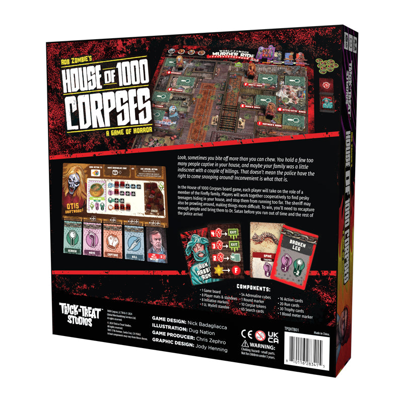Board game box, back. Yellow and white text reads, Rob Zombie's House of 1000 Corpses A game of horror. Game description. Game board and game pieces shown. Artist, manufacturing and licensing information.