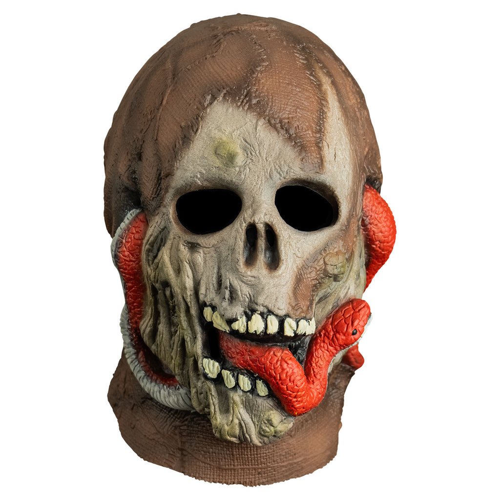 mask, front view, head and neck.  dried mummy flesh on top of head and neck, skull face, red-orange snake twisted through ears and under jaw, snake head protruding from mummy's mouth.