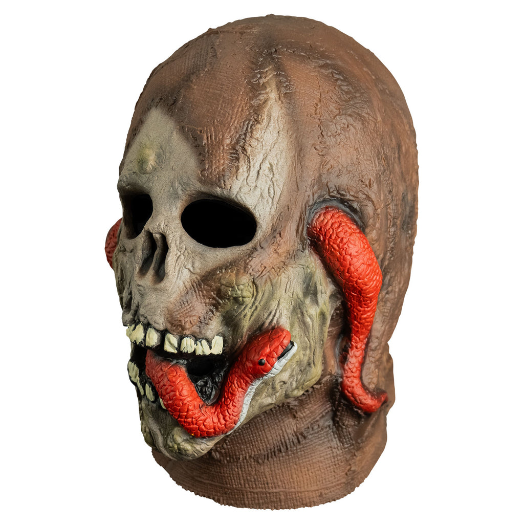 mask, left side view, head and neck. dried mummy flesh on top of head and neck, skull face, red-orange snake twisted through ears and under jaw, snake head protruding from mummy's mouth.