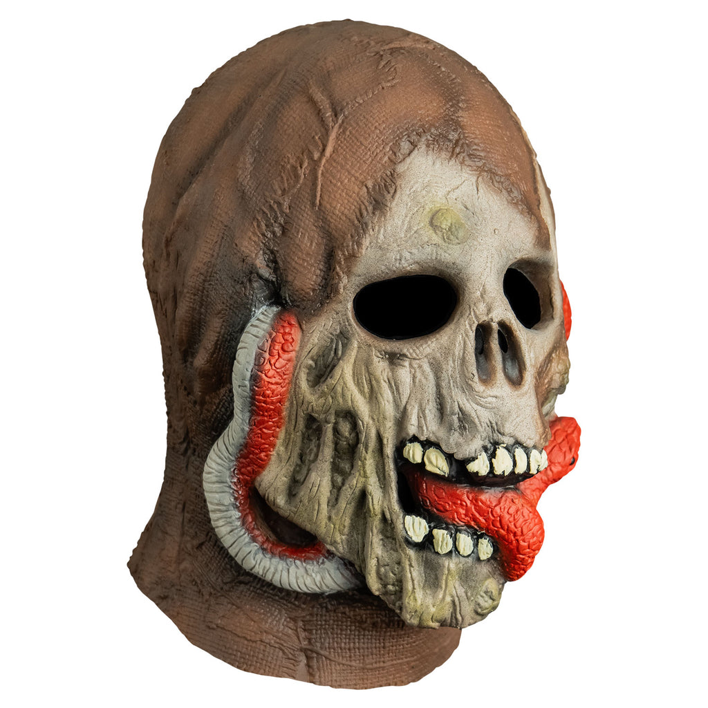 mask, right side view, head and neck. dried mummy flesh on top of head and neck, skull face, red-orange snake twisted through ears and under jaw, snake head protruding from mummy's mouth.