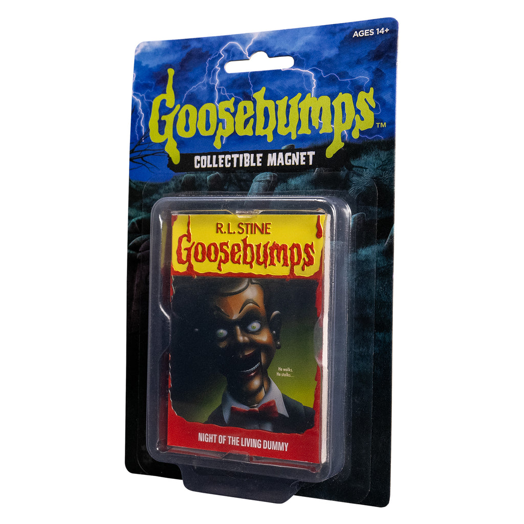 Front view, Product packaging, blister pack with backer containing product. Text reads ages 14 +, goosebumps, collectible magnet