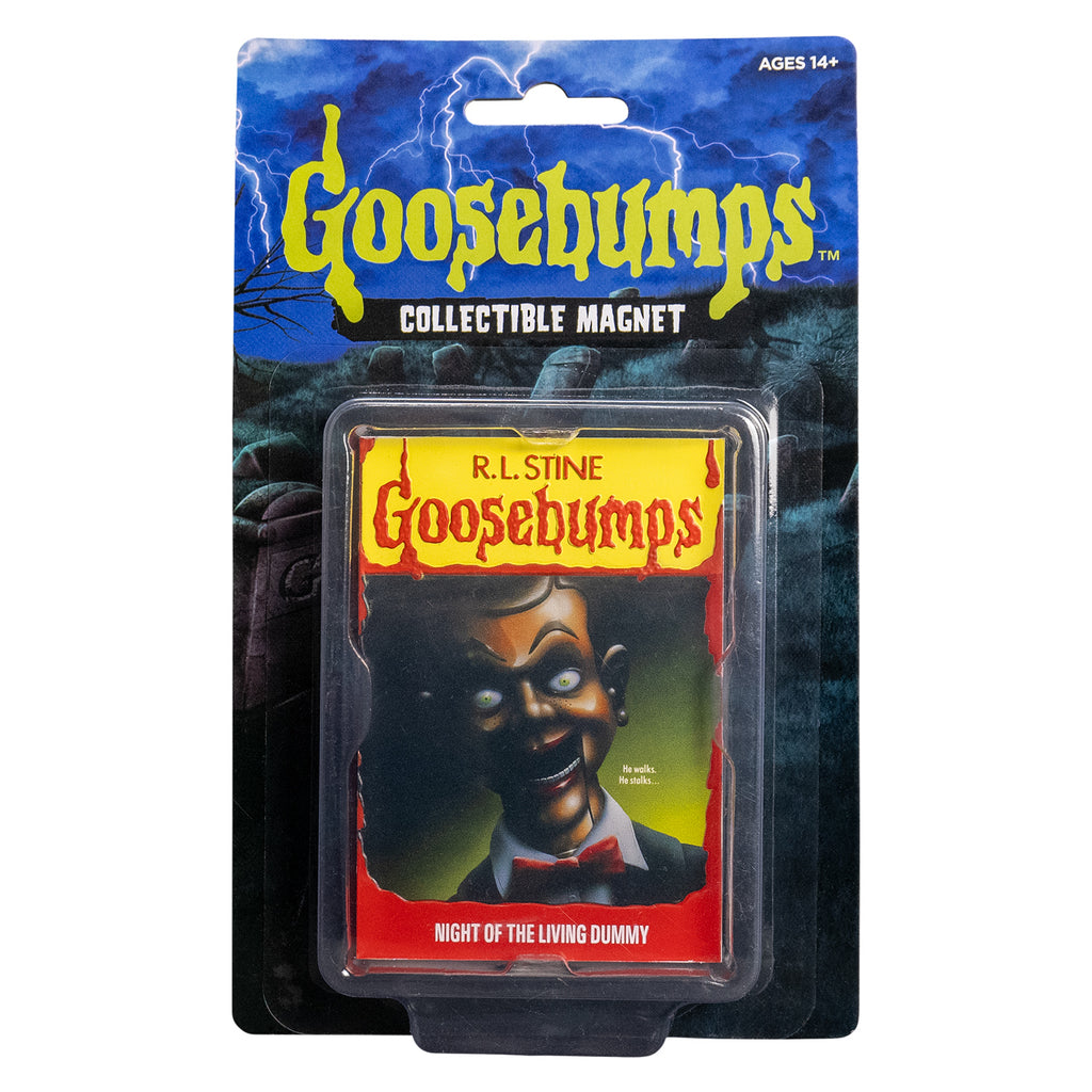 Front view, Product packaging, blister pack with backer containing product. Text reads ages 14 +, goosebumps, collectible magnet