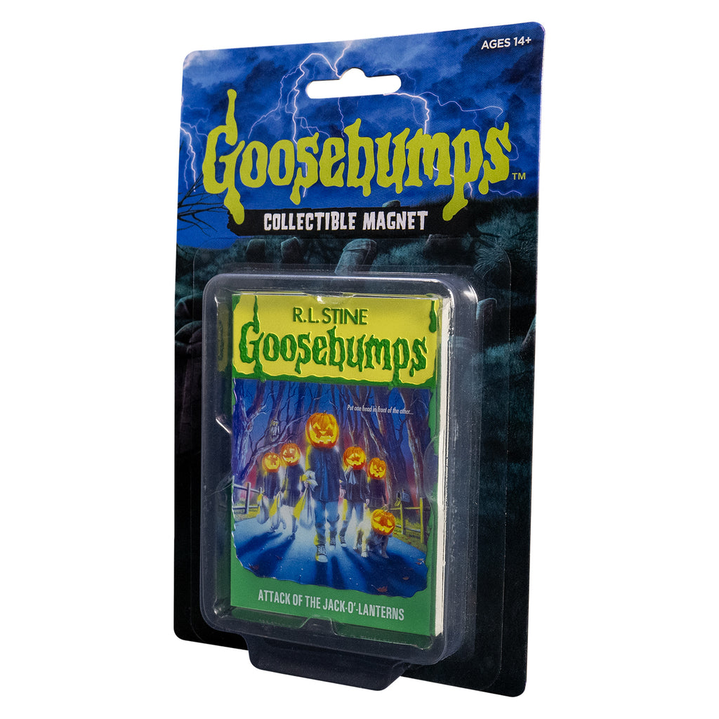 Product packaging, blister pack with backer containing product. Text reads ages 14 +, goosebumps, collectible magnet