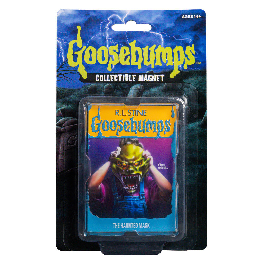 Product packaging, blister pack with backer containing product. Text reads ages 14 +, goosebumps, collectible magnet