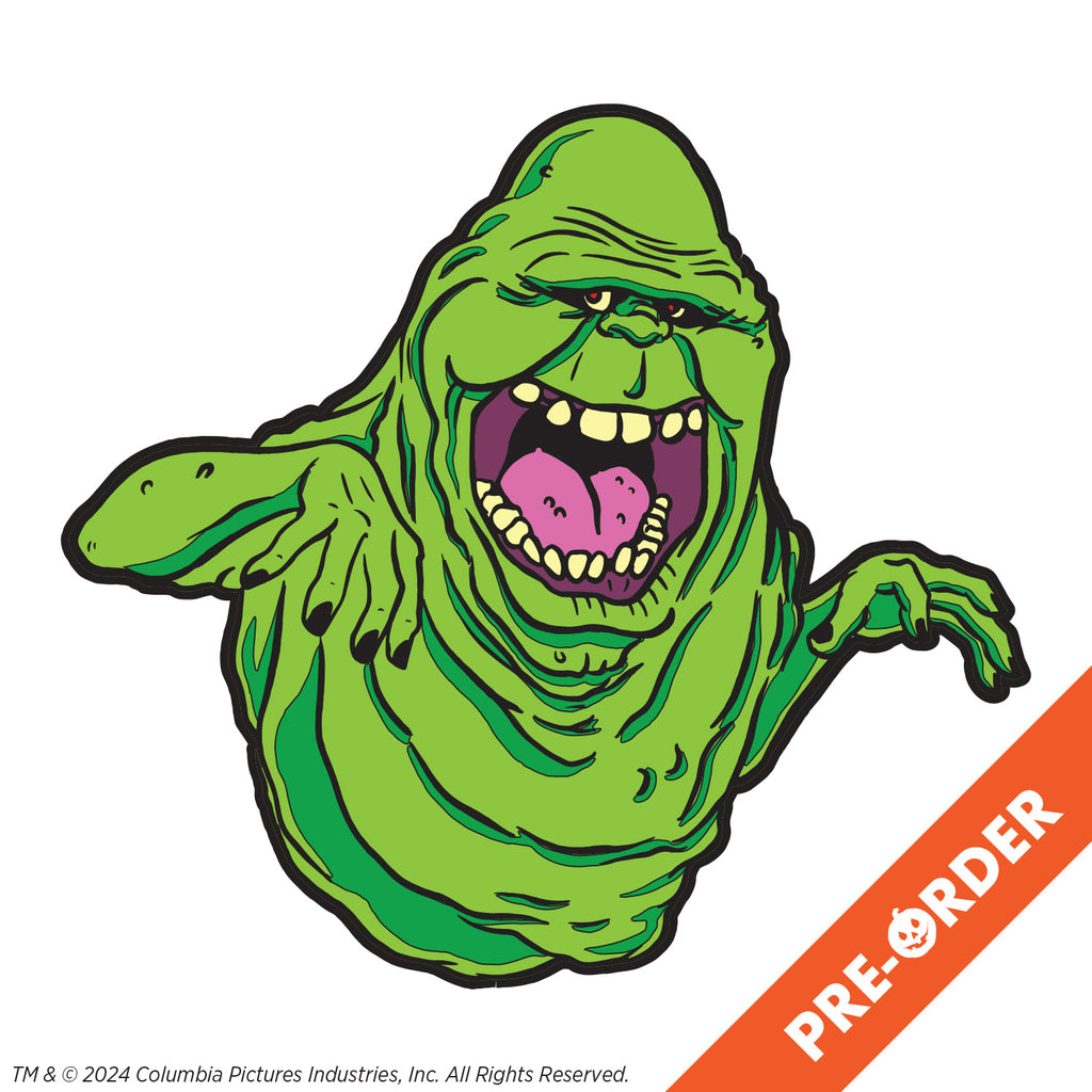 White background, orange diagonal banner bottom right, white text reads pre-order. enamel pin. Bright green ghost head,neck and arms, lumpy blob with small eyes and nose, large open mouth showing large square teeth and tongue.