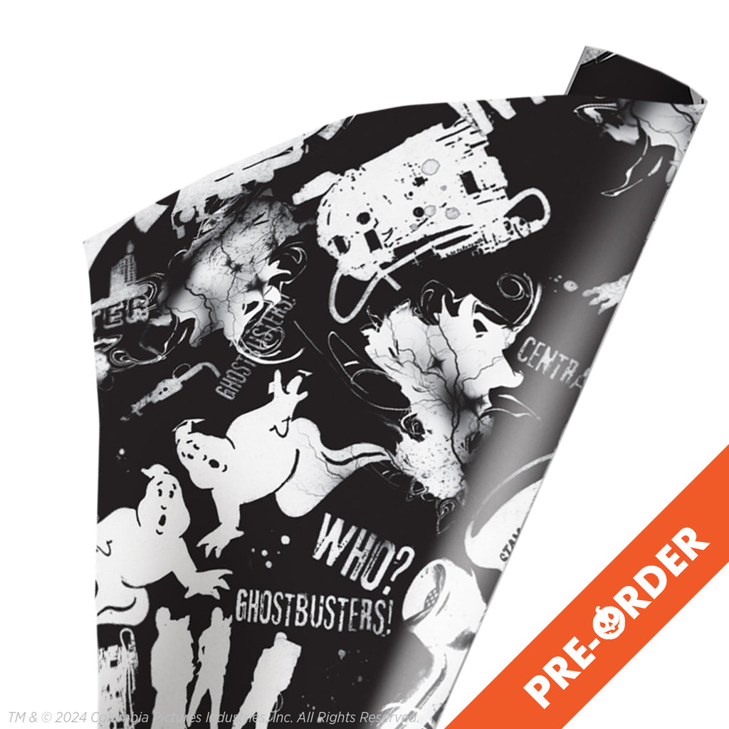 white background, orange diagonal banner bottom right, white text reads pre-order. wrapping paper. Black and white repeating pattern of movie characters and images.