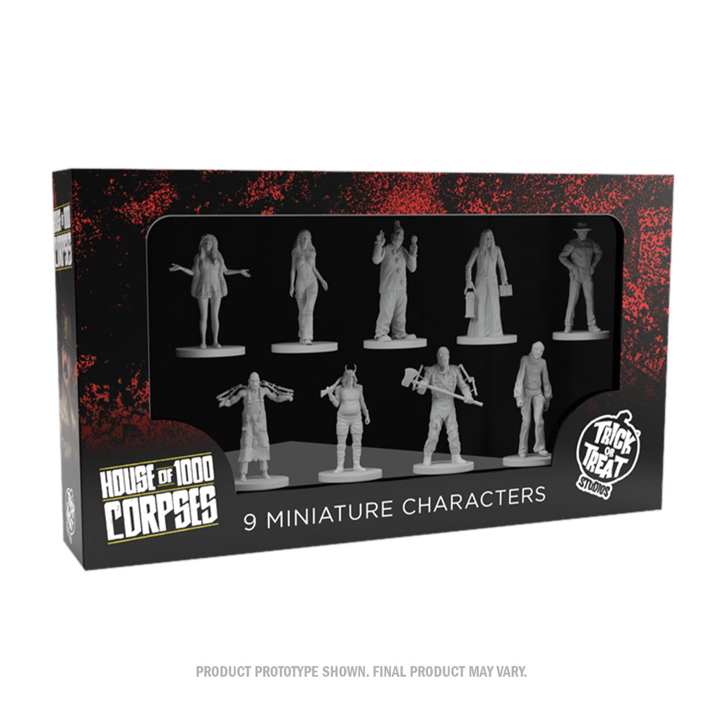 Miniatures in product packaging, front. White background. Red and black box,  Window in box shows 9 white miniature figures. White text at bottom reads House of 1000 Corpses, 9 miniature characters. White Trick or Treat Studios logo bottom right.