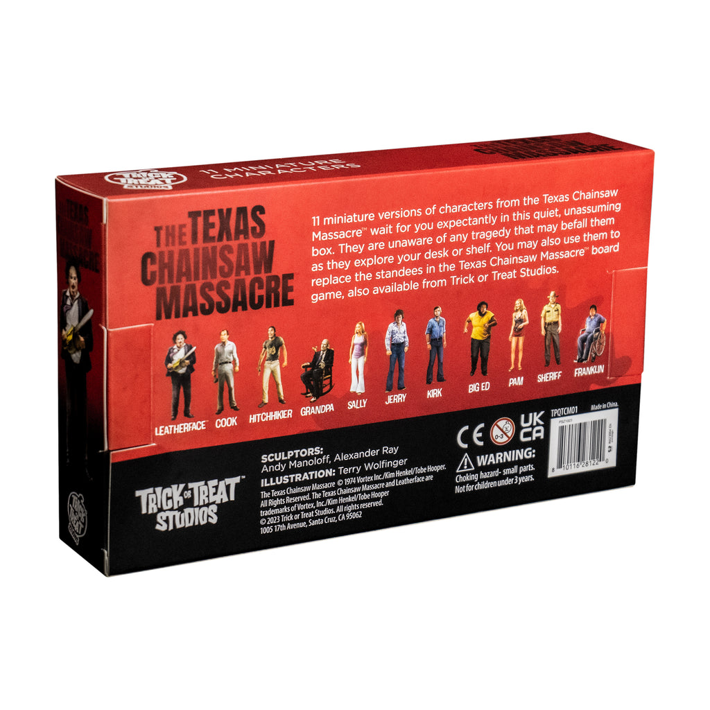 Texas Chainsaw Massacre miniatures in product packaging, back. Red and black box.  Black text reads the Texas Chainsaw Massacre.  Product description in white text.  Colored versions of characters shown on box with names underneath in white text, reads, Leatherface, cook, hitchhiker, grandpa, Sally, Jerry, Kirk, Big Ed, Pam, Sheriff, Franklin.  At bottom Large white text reads Trick or Treat Studios.  Artist information, manufacturing and licensing information.