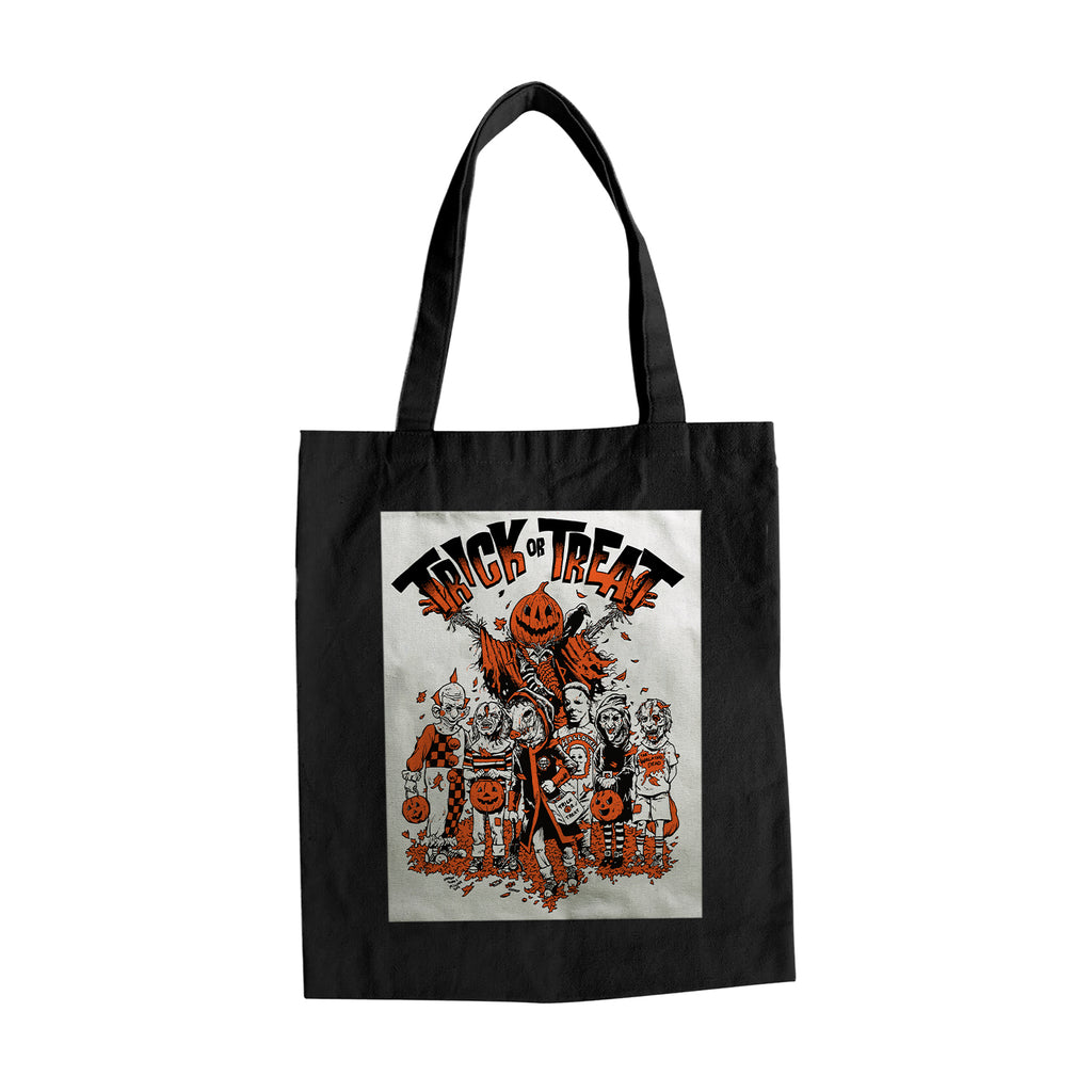 Black canvas bag. Illustration, orange black white and green, Several monsters. Text reads Trick or Treat.
