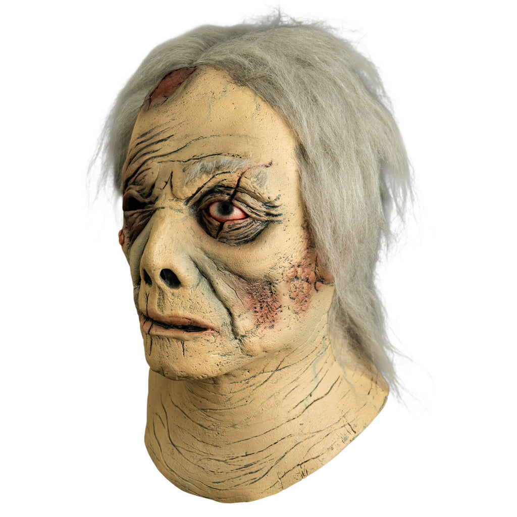 Mask, left side view. Head and neck. Short gray hair, wrinkled and ragged skin. large wound on right side of the forehead. Right eye black, no eyebrow, left eye blue, bloodshot, scar across eye. Sores on right cheekbone. Misshapen nose, mouth slightly open, thin lips.