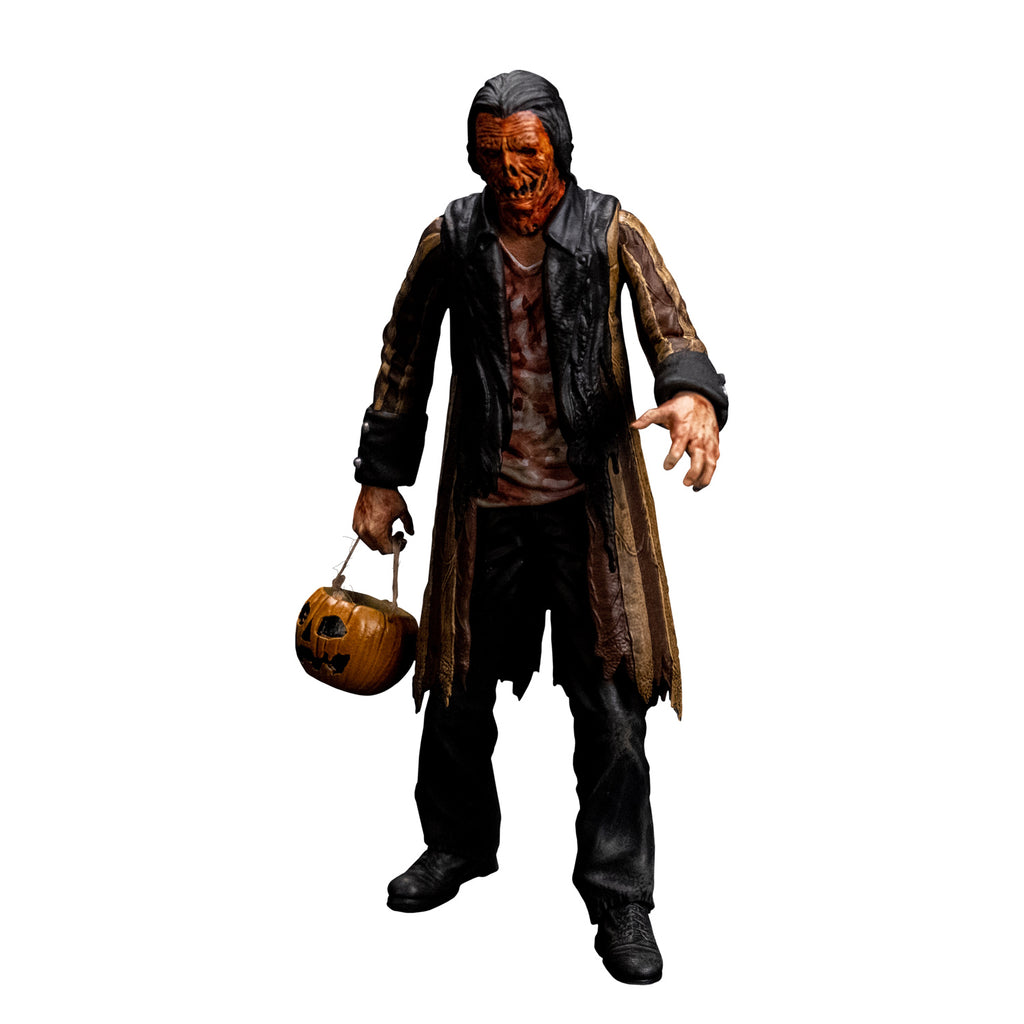 Jacob Atkins figure front view, man with gory orange Jack O' Lantern-like face, dark slicked back hair. Wearing a bloodstained white shirt, brown and tan striped tattered coat with black cuffs and collar, black pants, black shoes. holding pumpkin candy pail in right hand.