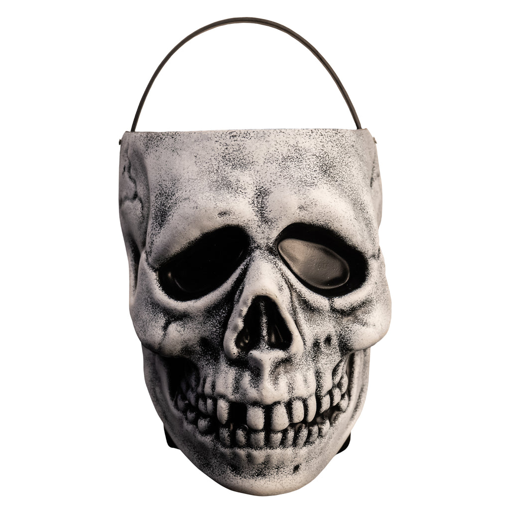 front view skull candy pail. White skull face. black and gray shading. Black handle at top.
