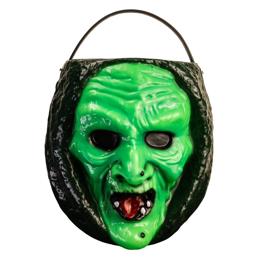 front view witch face candy pail. bright green face with warts, red mouth, dark green hood. Black handle at top.