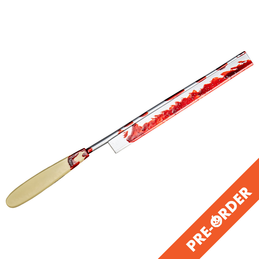 white background, orange diagonal banner bottom right, white text reads pre-order.  Straight razor prop. Cream colored handle, silver blade, both blood smeared.